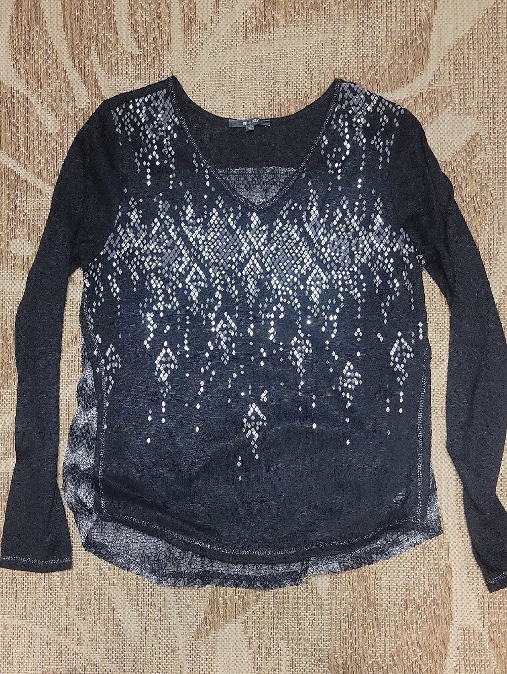Women's Black Long-Sleeve V-Neck Top with Silver Embellishment